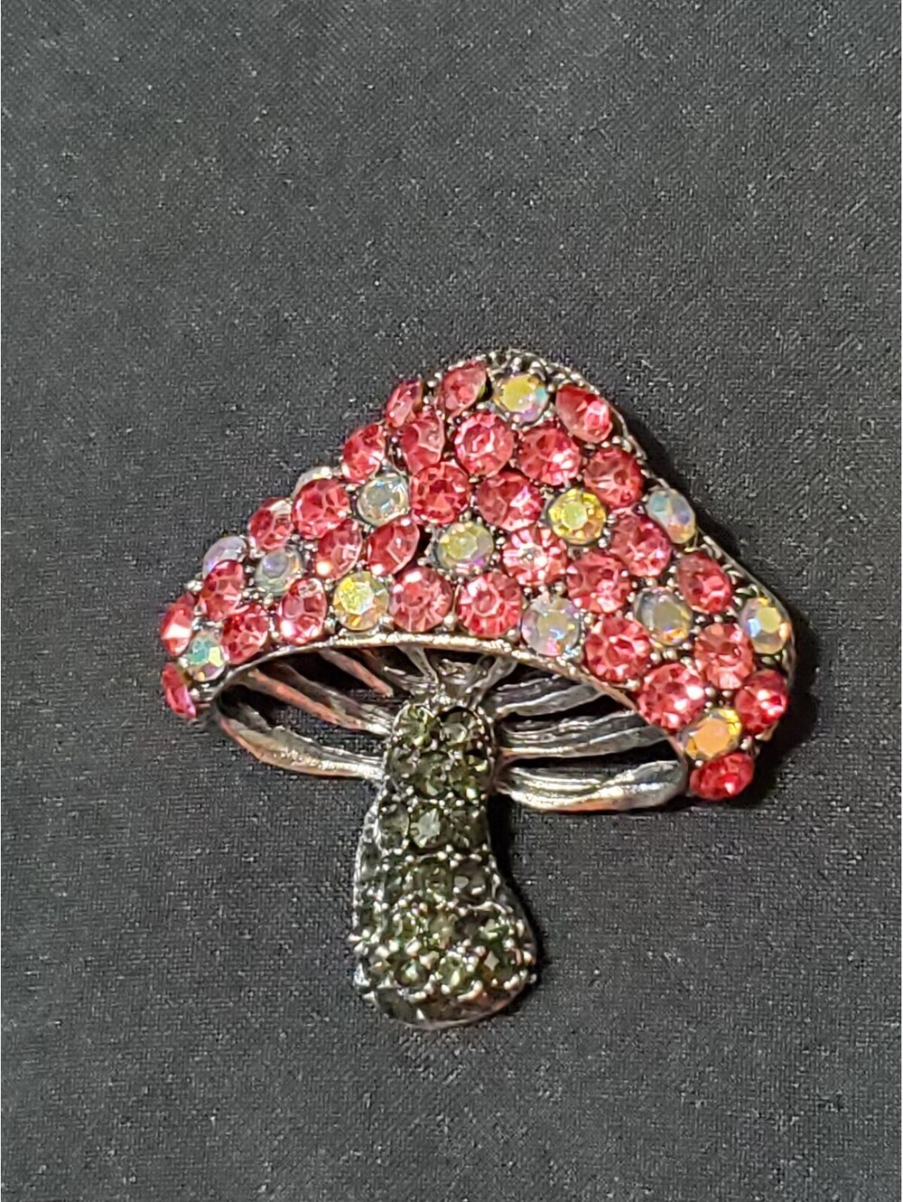 Pink Green AB Rhinestone Mushroom Brooch Pin Silver Tone NWOT 2 Inch